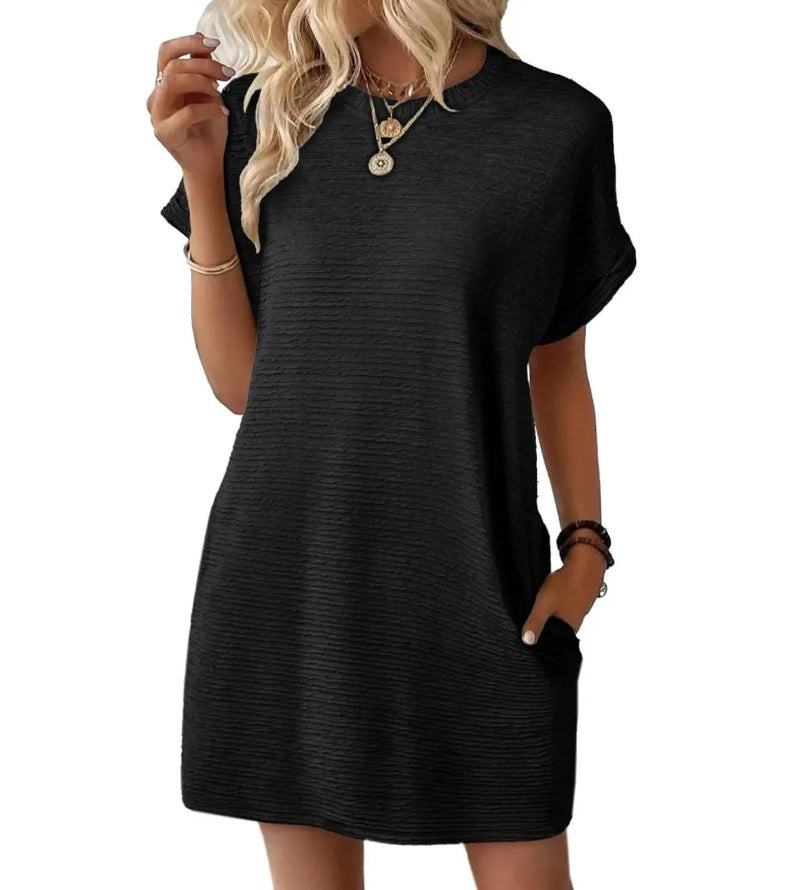 Summer New Loose Round Neck Pocket Solid Color Short Sleeve Dress Women