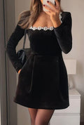 Christmas Elegant Square Neck Long-sleeved Dress With Flowers Rhinestone Design Fashion A-line Short Dresses Spring Clothing For Women