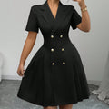 Solid Color Short-sleeved Waist-cinching Double-breasted Dress For Women