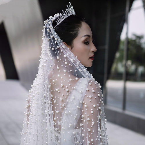 A bride wearing a sheer white tulle veil adorned with scattered pearls and a silver tiara.