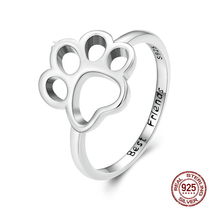 S925 Sterling Silver Ring Simple Hollow Animal Paw Print Ring