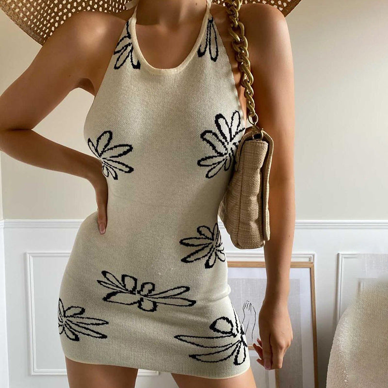 Printed Halter Slim Halter Wool Sling Dress Short Skirt Women