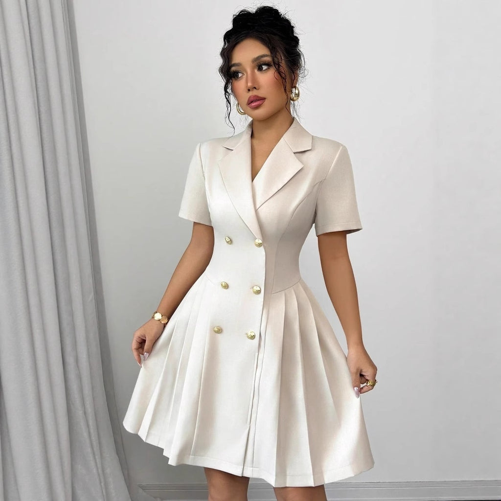 Solid Color Short-sleeved Waist-cinching Double-breasted Dress For Women