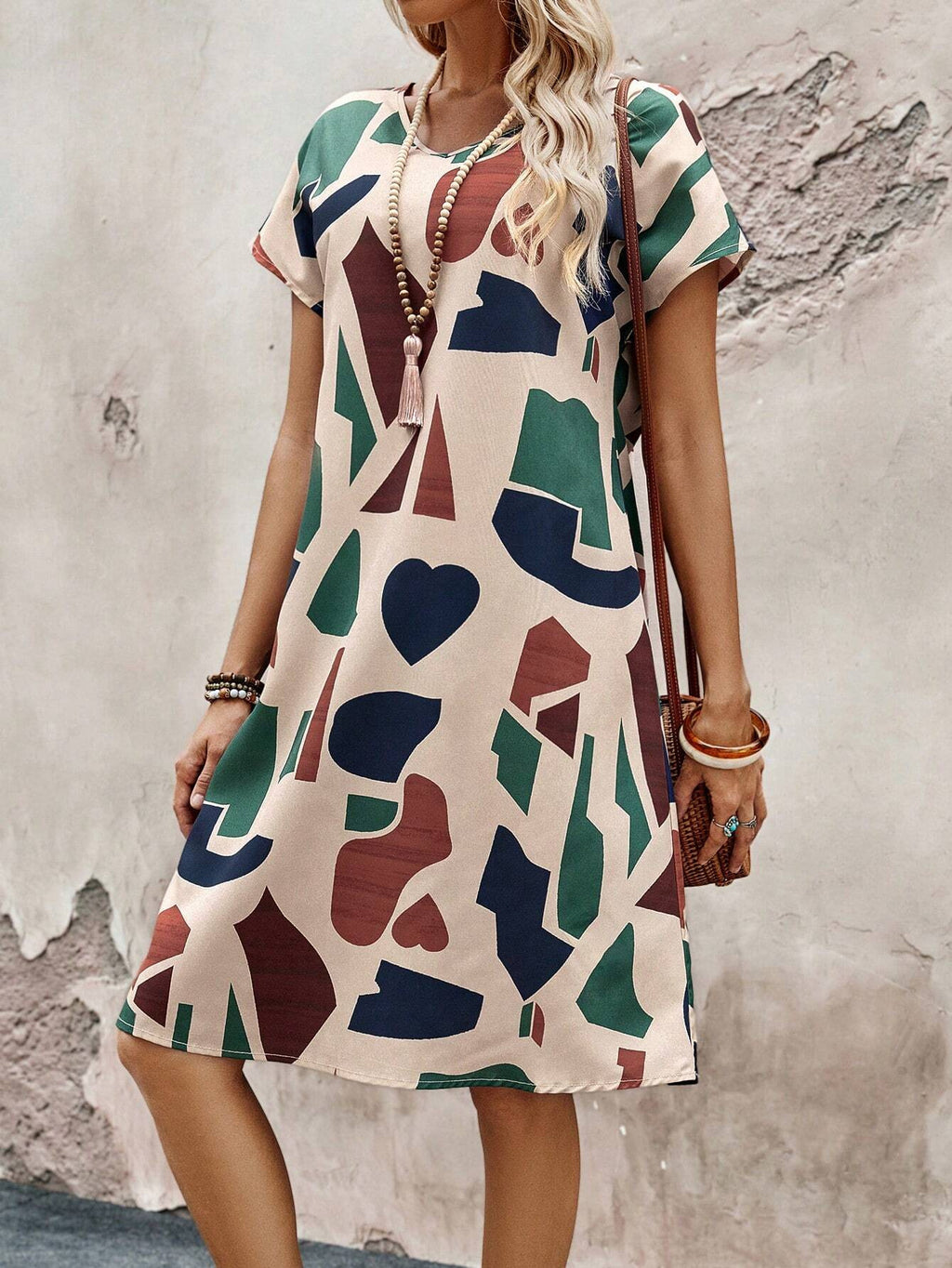 Casual Printed Short Sleeves Round Neck Dress Women