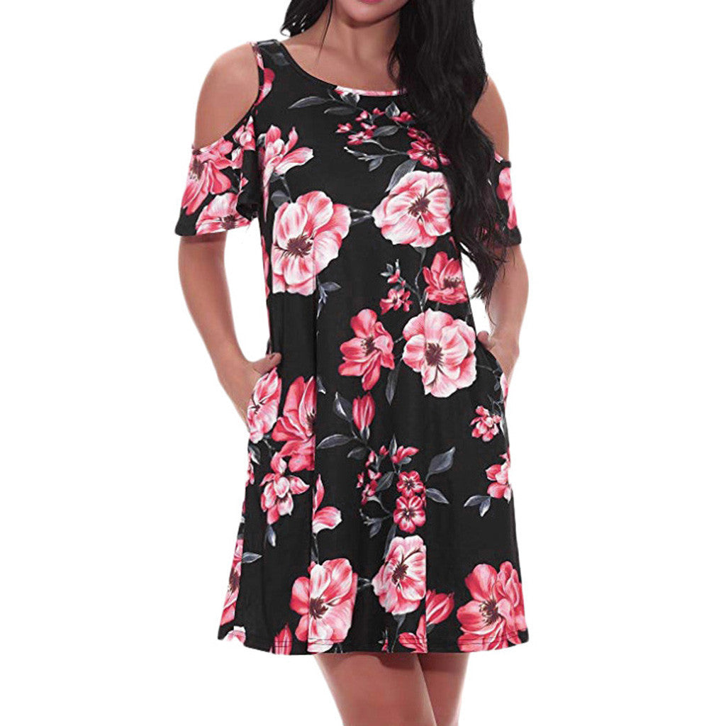 Off The Shoulder Printed Short Sleeved Large Swing Dress Women