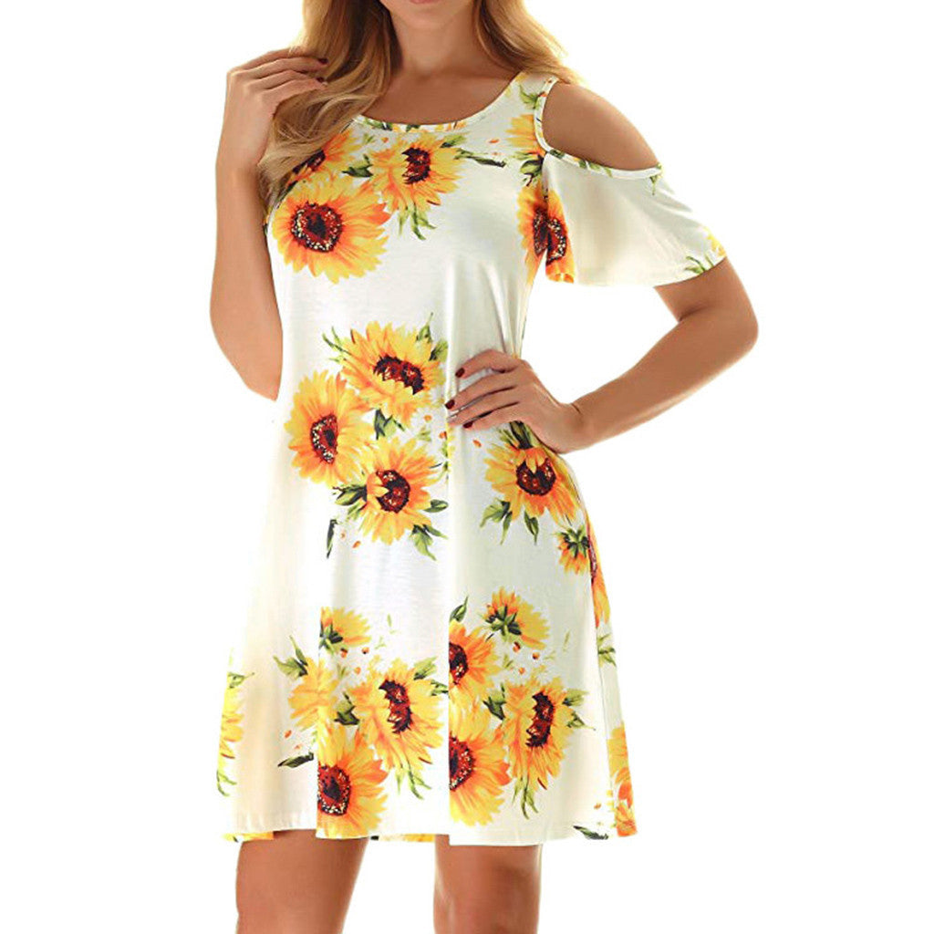 Off The Shoulder Printed Short Sleeved Large Swing Dress Women