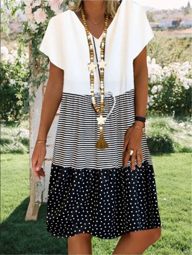 Fashion digital printing V-neck short sleeve dress women