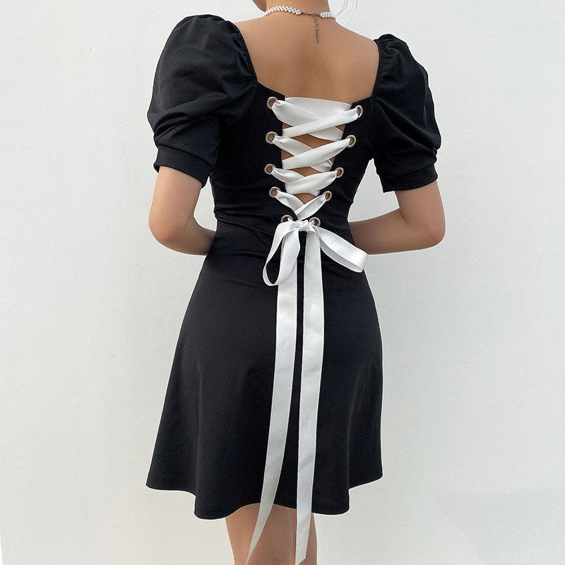 Fashionable Back Strap Bubble Short Sleeve Dress Women