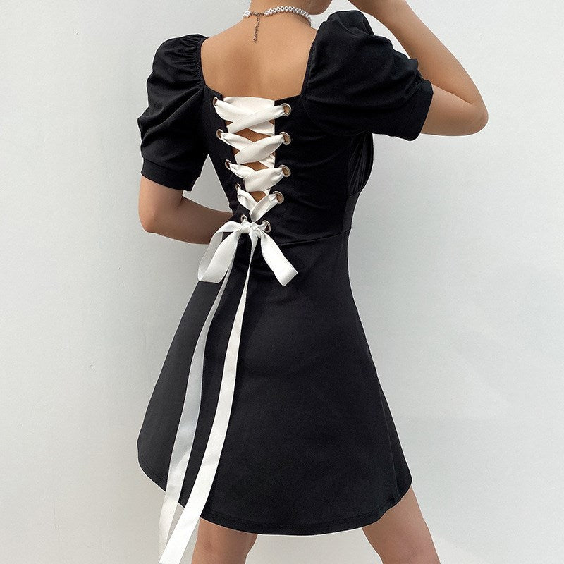 Fashionable Back Strap Bubble Short Sleeve Dress Women