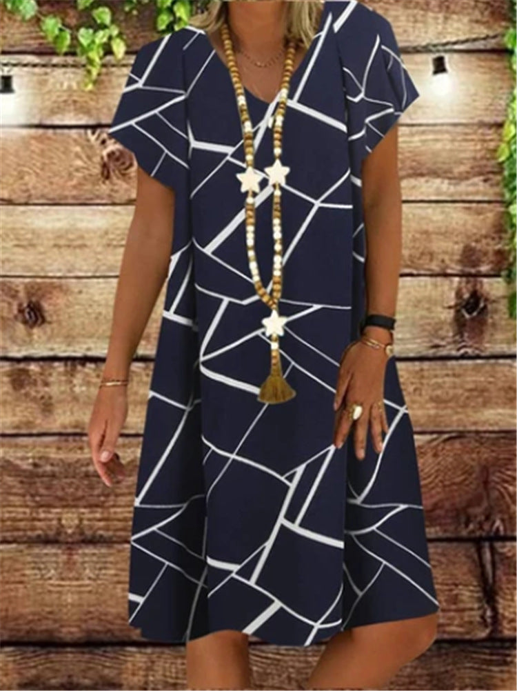 Glass Partition Printed Short-Sleeved V-Neck Dress Mid-Length Skirt Women