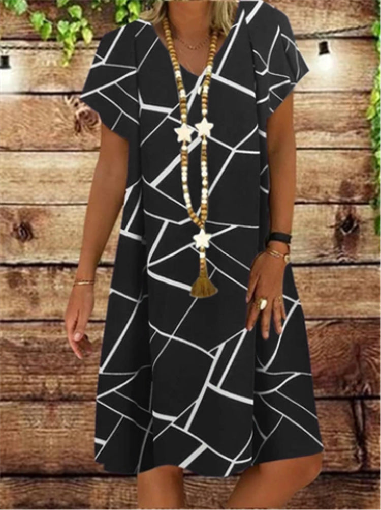 Glass Partition Printed Short-Sleeved V-Neck Dress Mid-Length Skirt Women