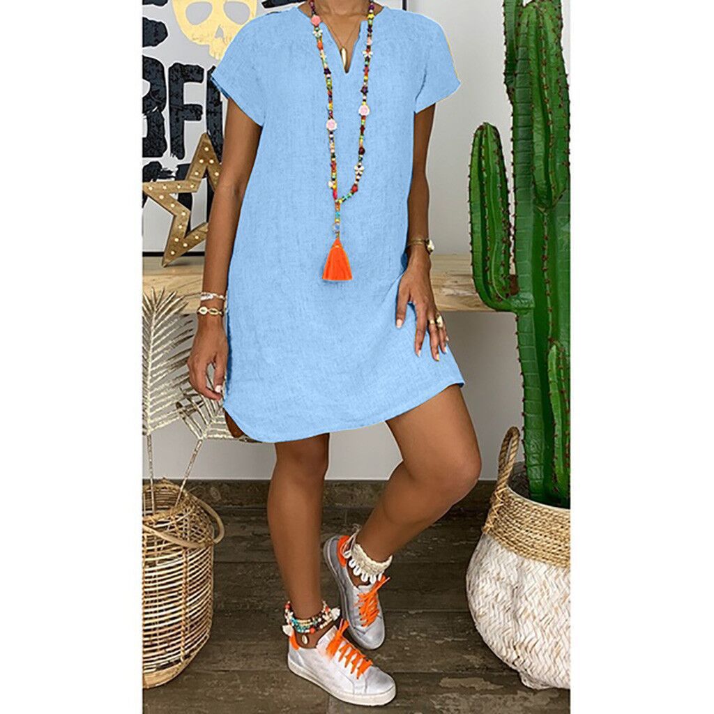 Summer Loose Solid Color Short Sleeved V Neck Cotton And Linen Dress Women