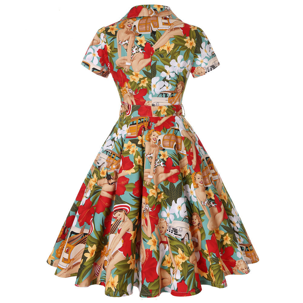 Retro Sexy Lapel  Short Sleeved Print Lace Up Big Dress Women