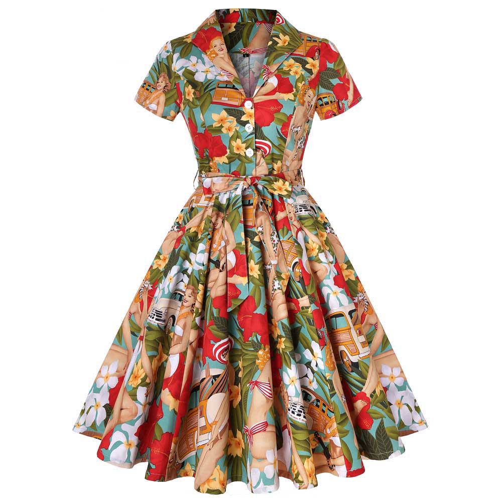 Retro Sexy Lapel  Short Sleeved Print Lace Up Big Dress Women