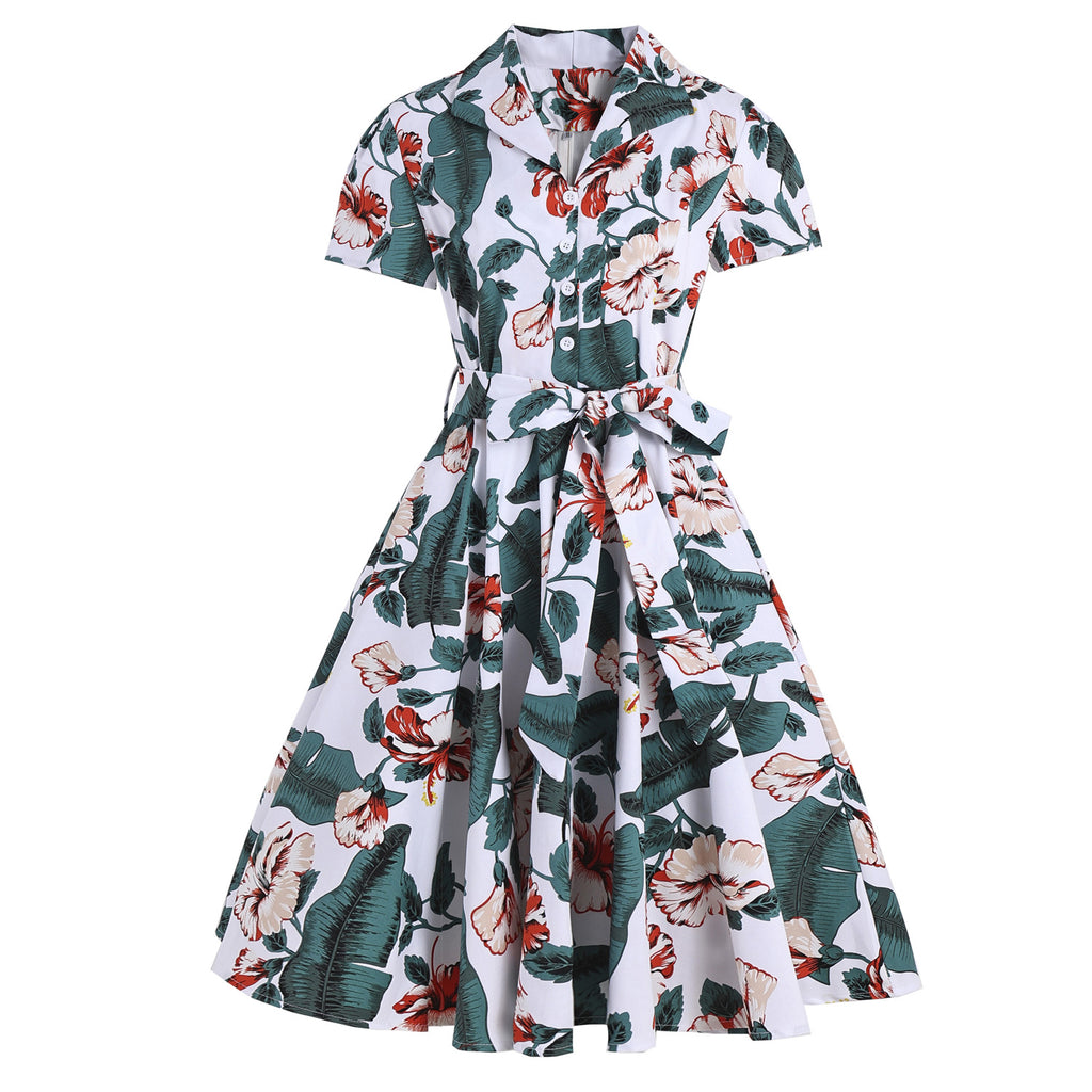 Retro Sexy Lapel  Short Sleeved Print Lace Up Big Dress Women