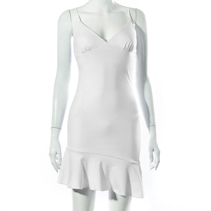 Pure Color Sling Stitching Halter Ruffle Short Dress Women