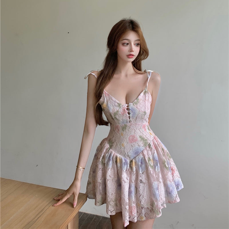 Floral Floral Dress Women French Retro Lace Waist Short Skirt