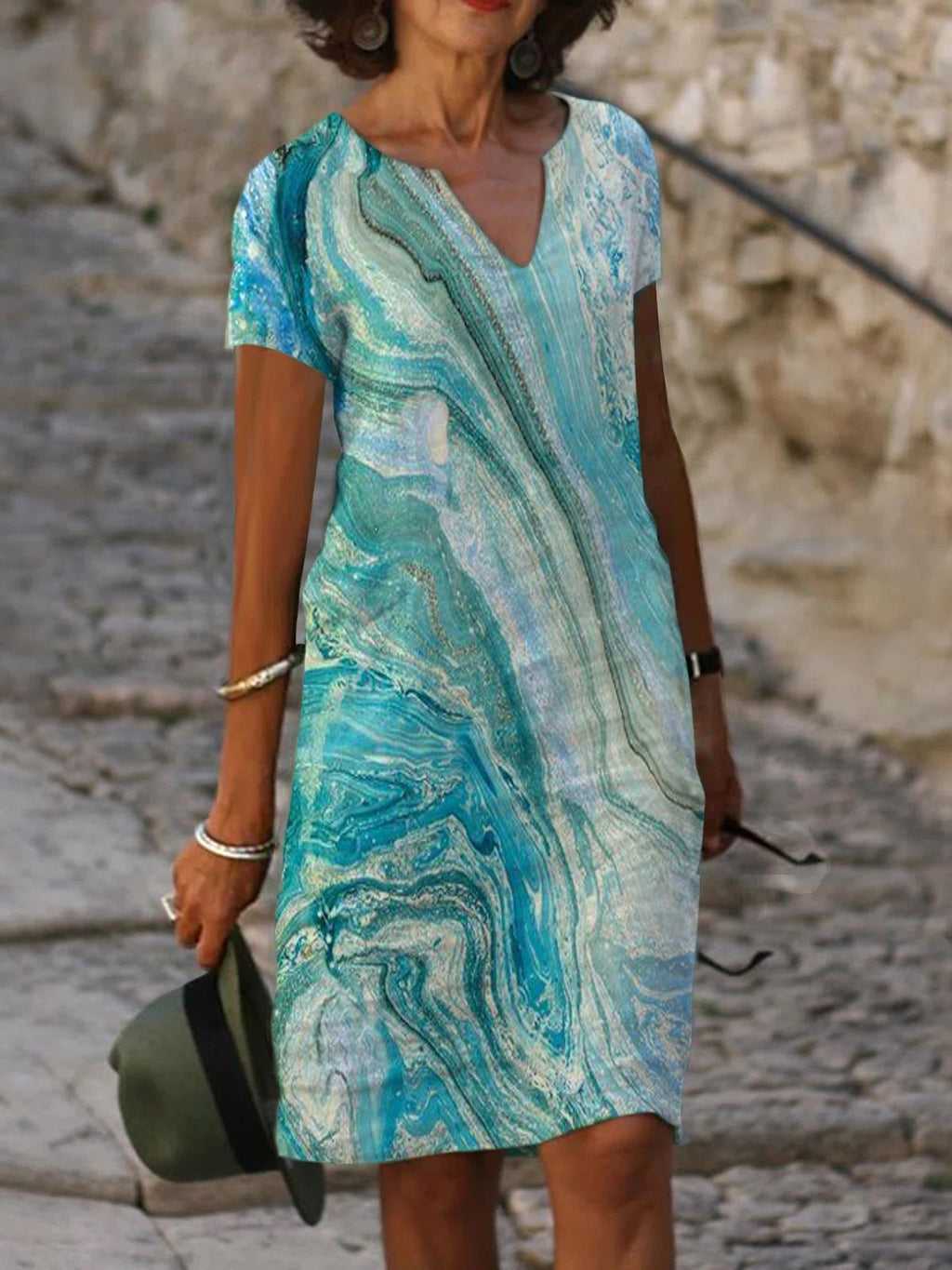 Gradient Color Tie Dye Short Sleeved V Neck Mid Length Dress Women