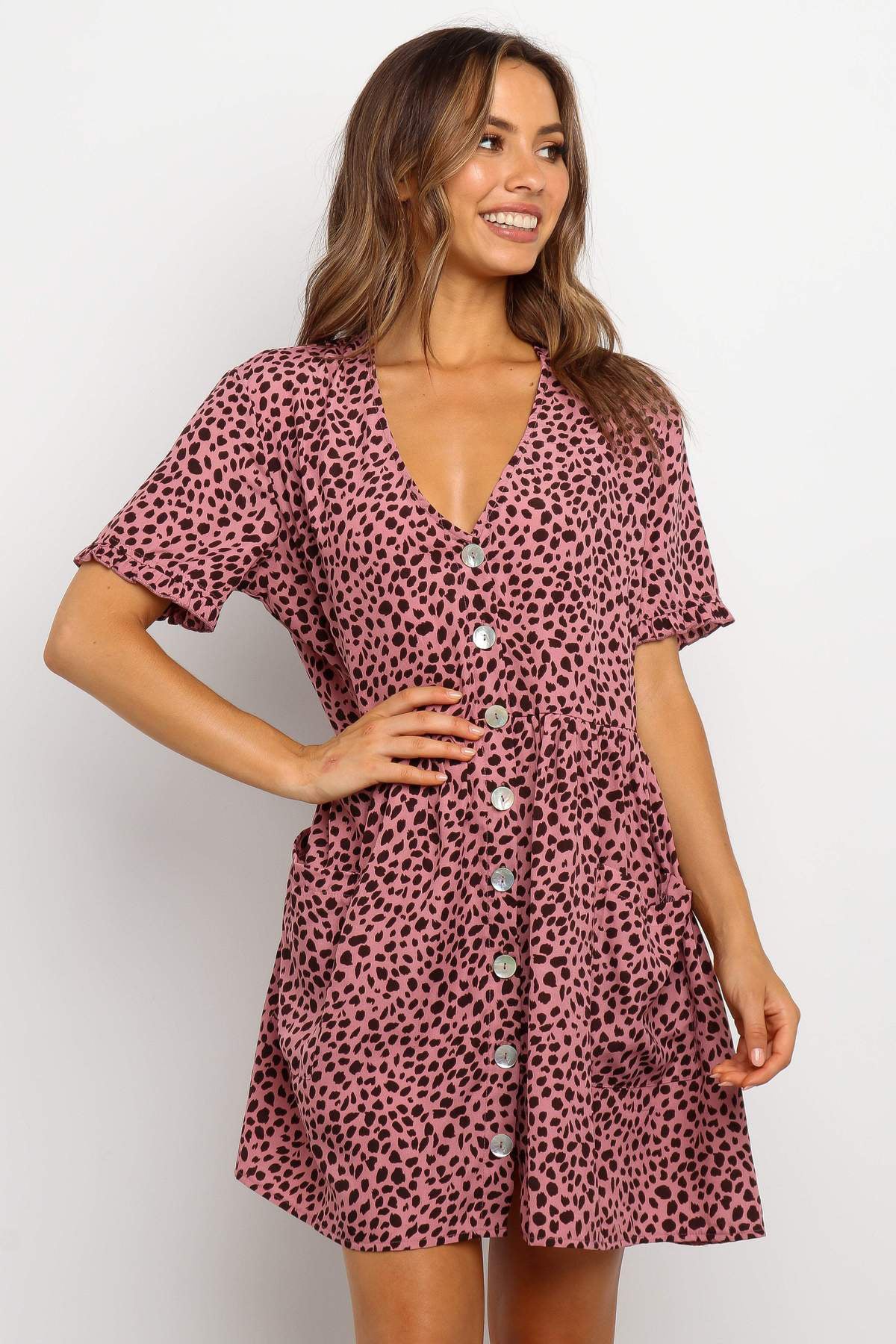 Short Sleeve Polka Dot Print Buttoned Pocket Dress Women