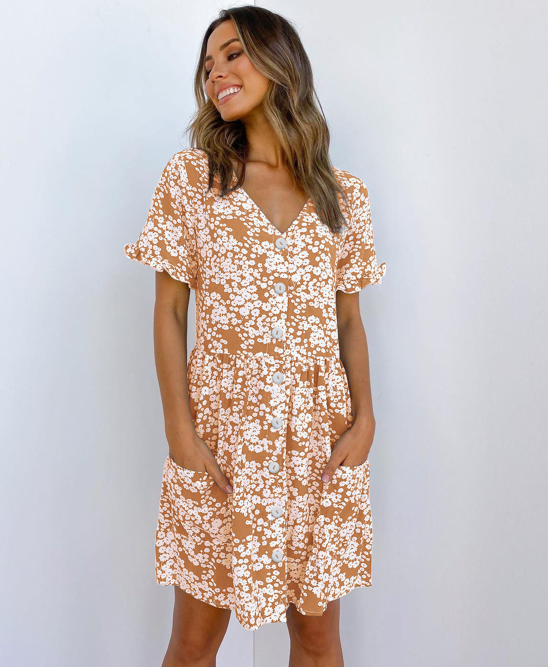 Short Sleeve Polka Dot Print Buttoned Pocket Dress Women