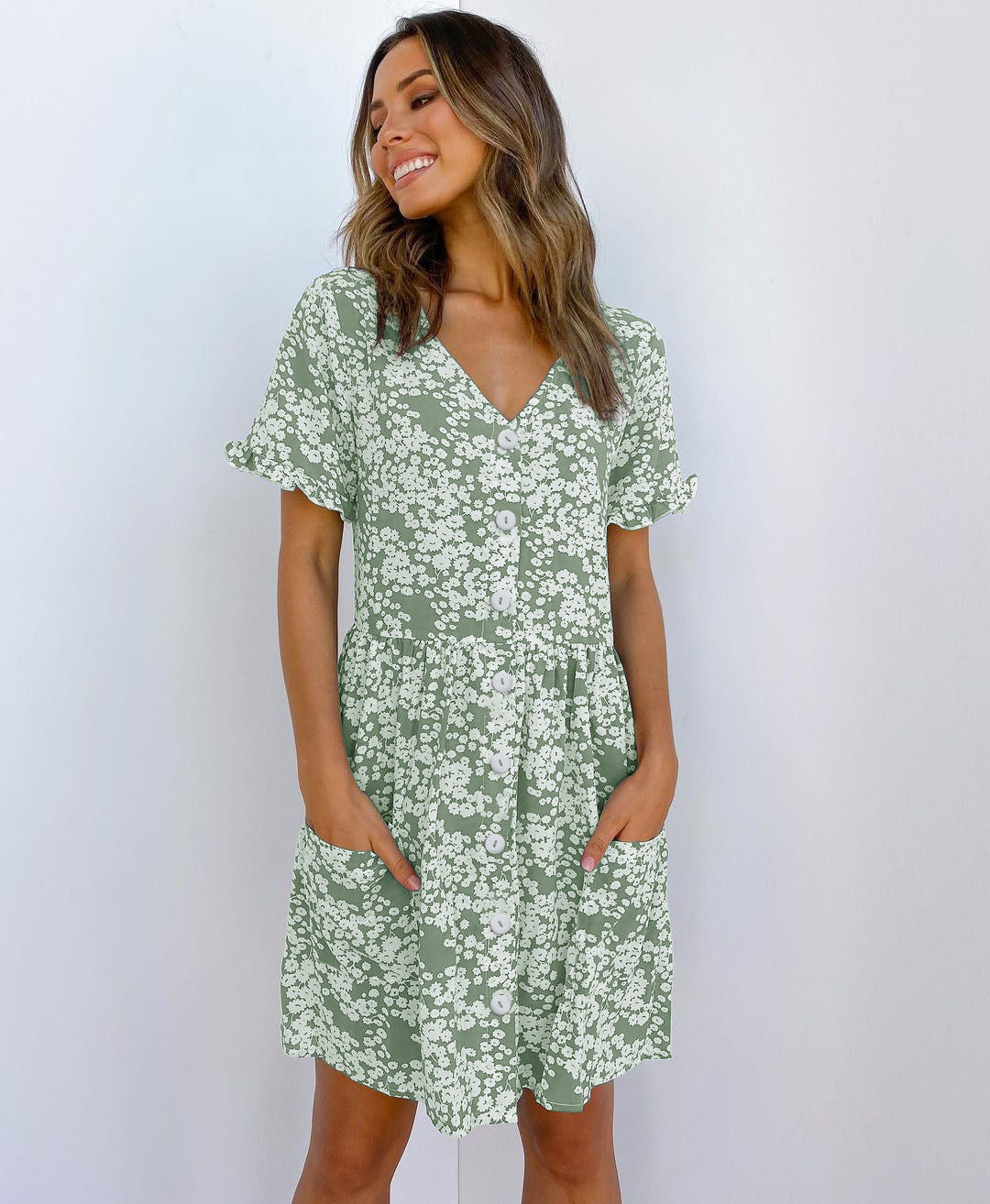 Short Sleeve Polka Dot Print Buttoned Pocket Dress Women