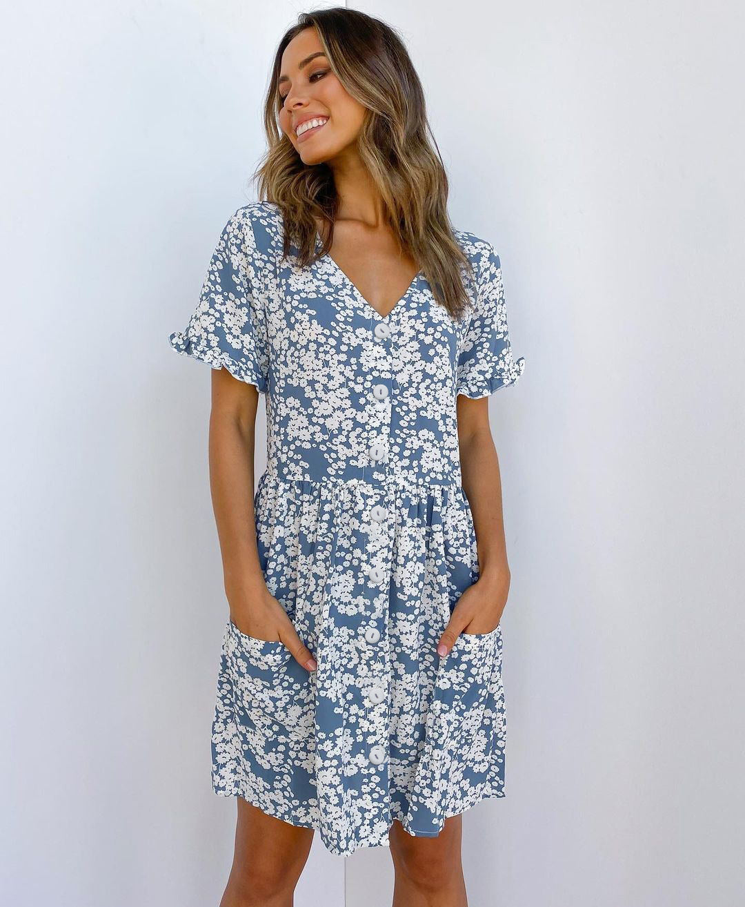 Short Sleeve Polka Dot Print Buttoned Pocket Dress Women