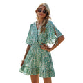 Elastic Waist V-Neck Short-Sleeved Floral Dress Women