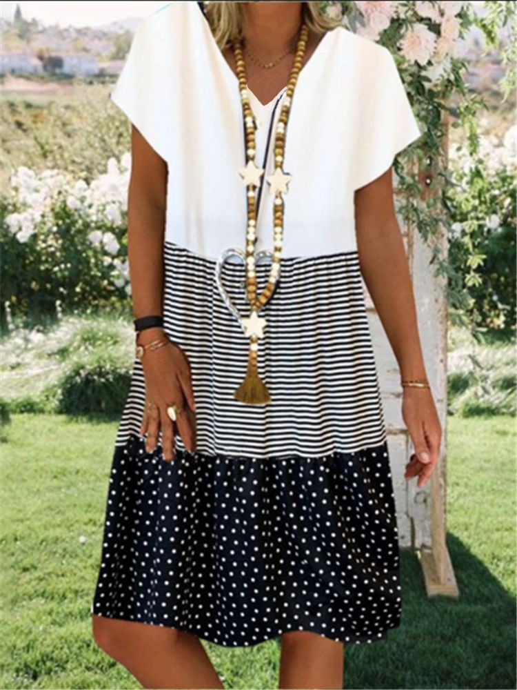 Fashion digital printing V-neck short sleeve dress women