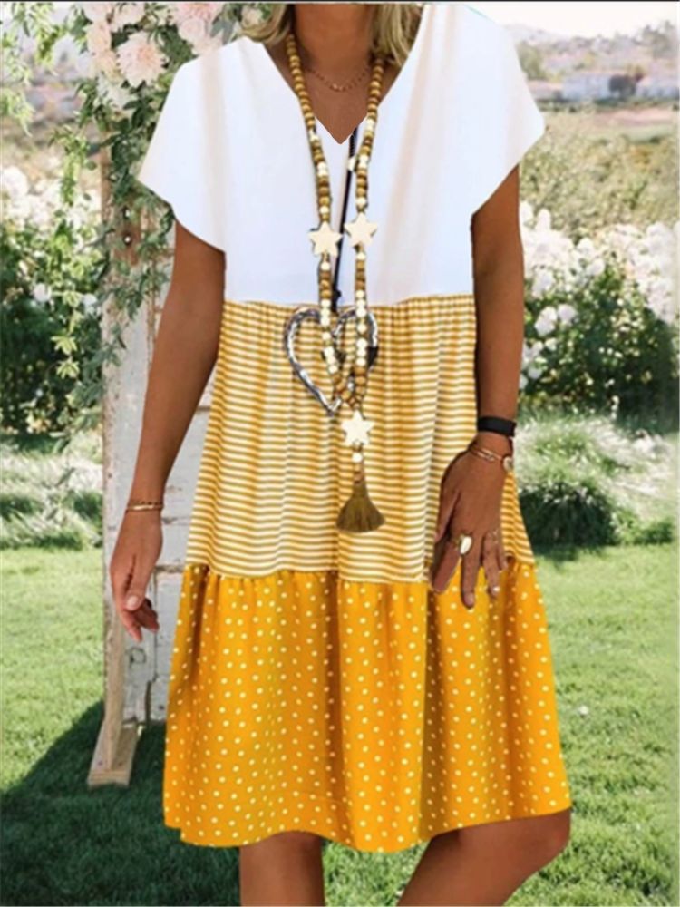 Fashion digital printing V-neck short sleeve dress women