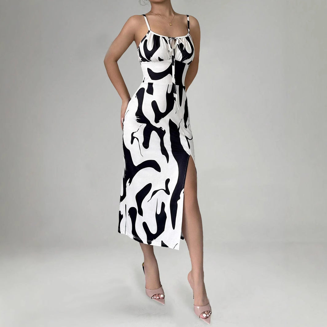 Summer Printed Suspender Split Dress Fashion Slim Lace-up Long Dresses For Women Clothing