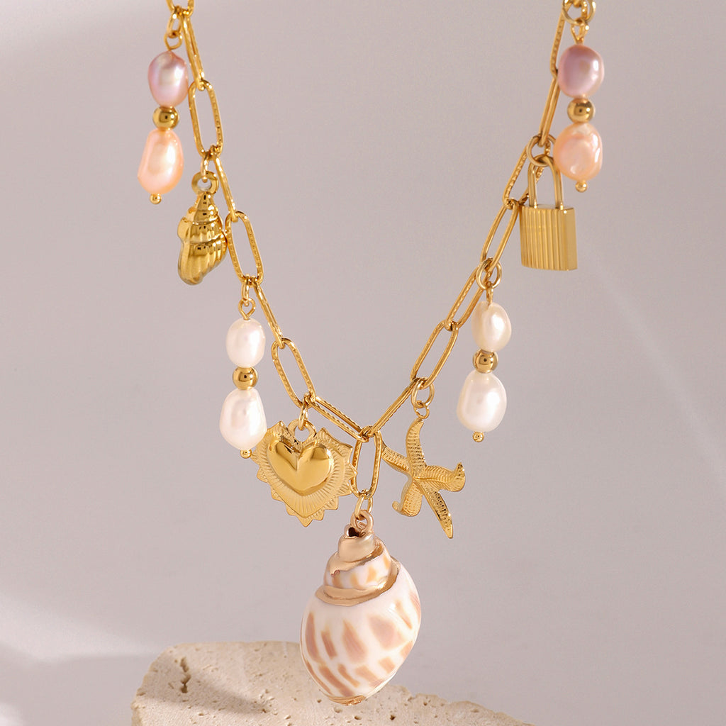 Stainless Steel Heart-shaped Pearl Pendant Necklace