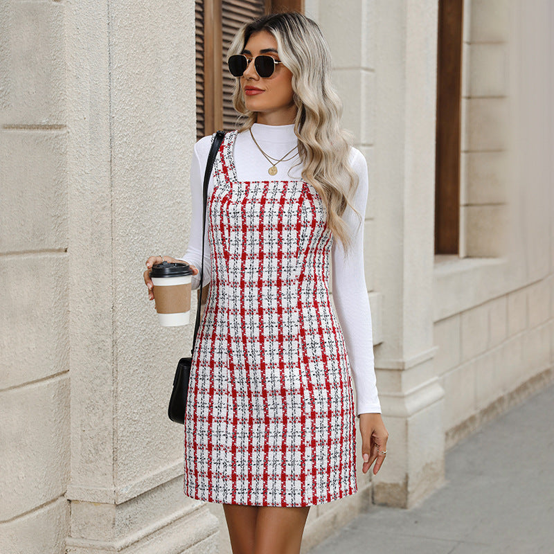 Plaid Woolen Dress Slimming Suspenders Short Skirt For Women