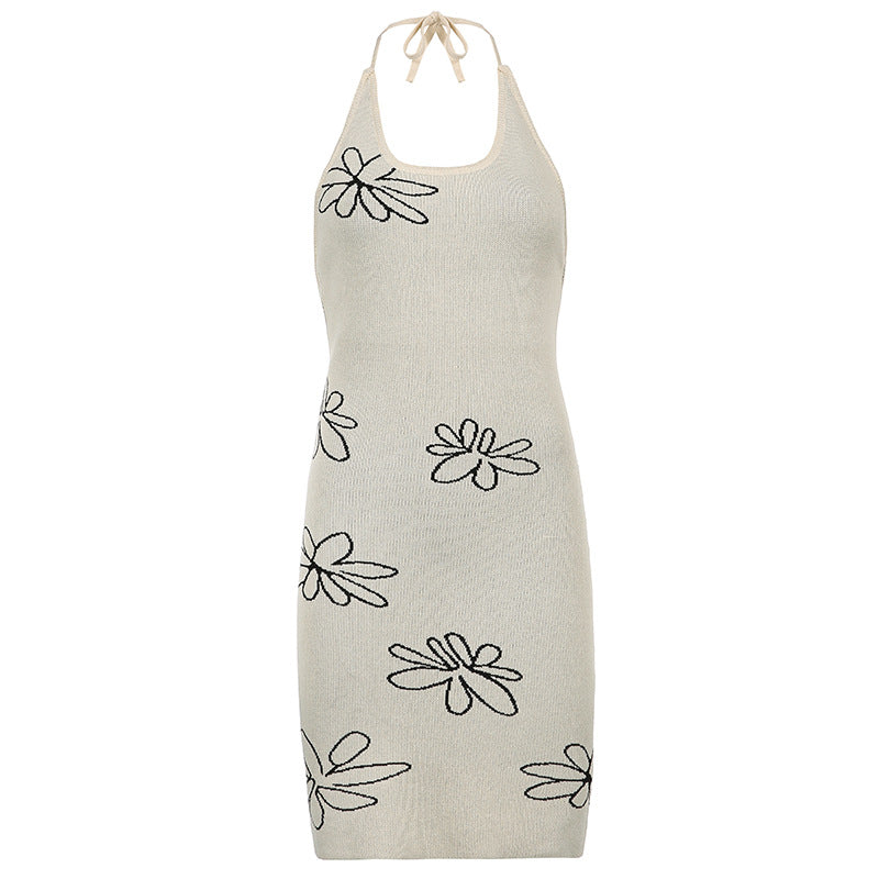 Printed Halter Slim Halter Wool Sling Dress Short Skirt Women