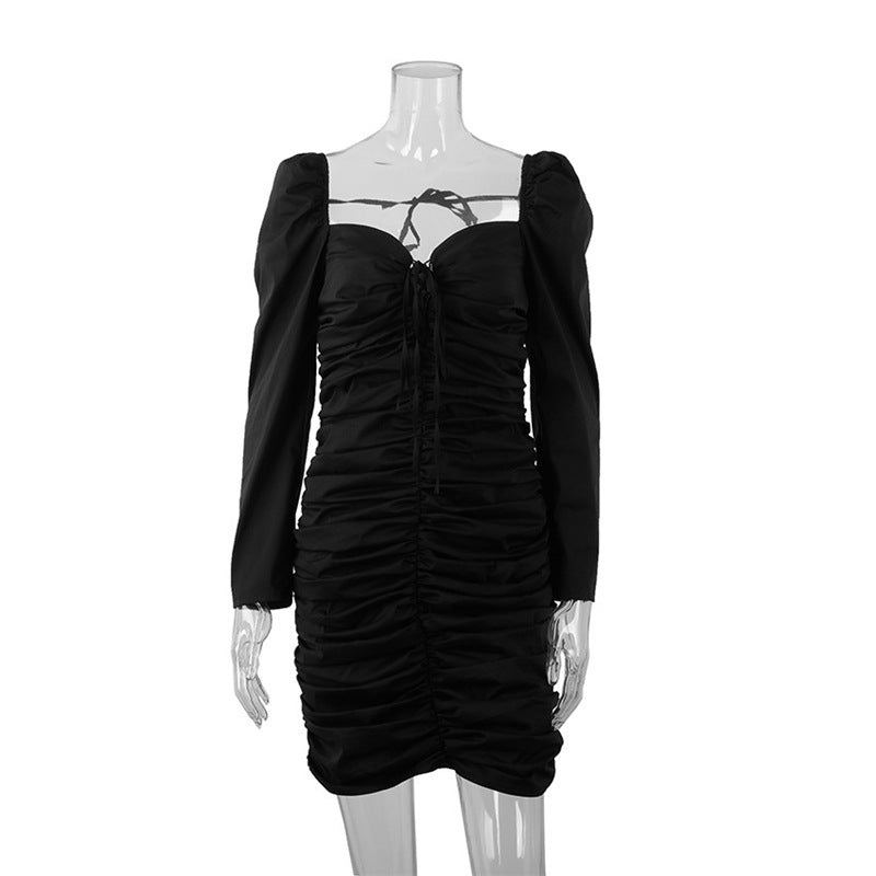 Long Sleeve Dress Women Black Pleated Sexy Square Neck Slim Short Skirt