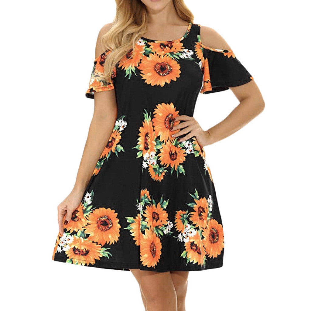 Off The Shoulder Printed Short Sleeved Large Swing Dress Women
