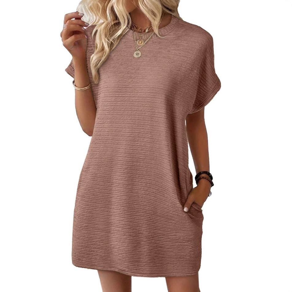 Summer New Loose Round Neck Pocket Solid Color Short Sleeve Dress Women