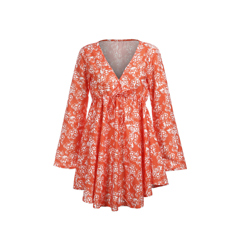 Floral Printing Short Mini Dress Women Sexy V Neck Sundress