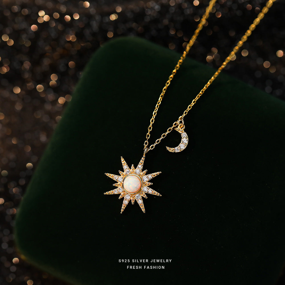 S925 Sterling Silver Eight Awn Star Moon Tooth Opal Stone Necklace