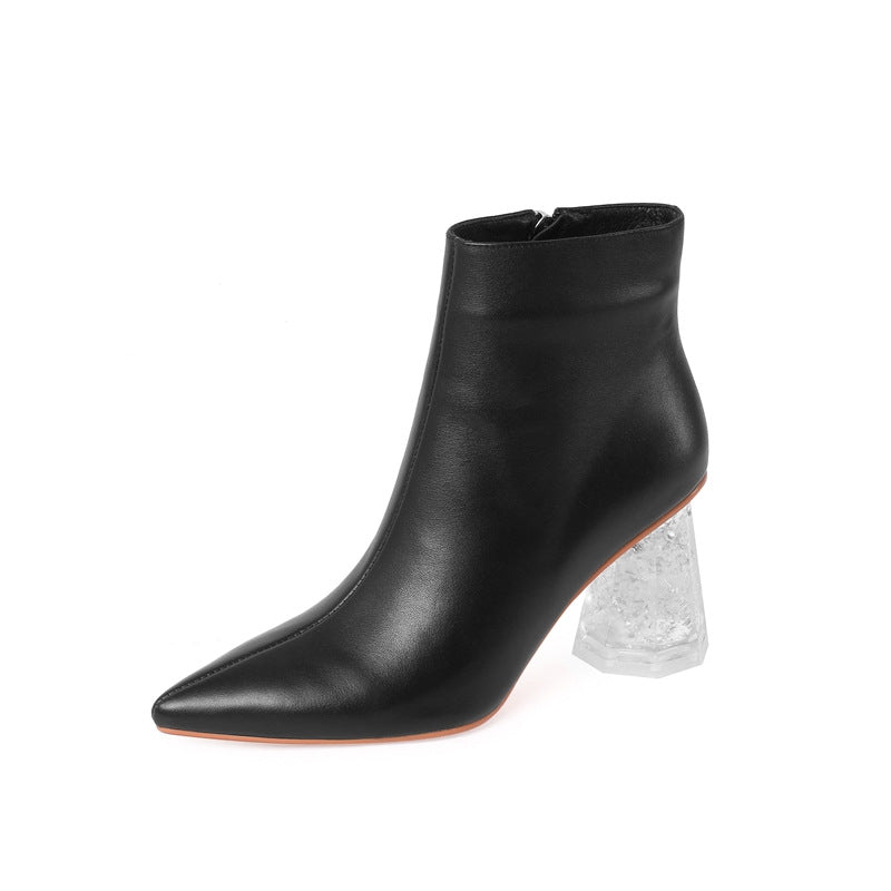 Pointed Toe Short Boots Women Crystal Thick Heel High Heel Retro Boots Single Boots