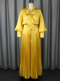 Sexy V-neck Bow Long Sleeve Top Elegant Pleated Wide Leg Trousers Suit