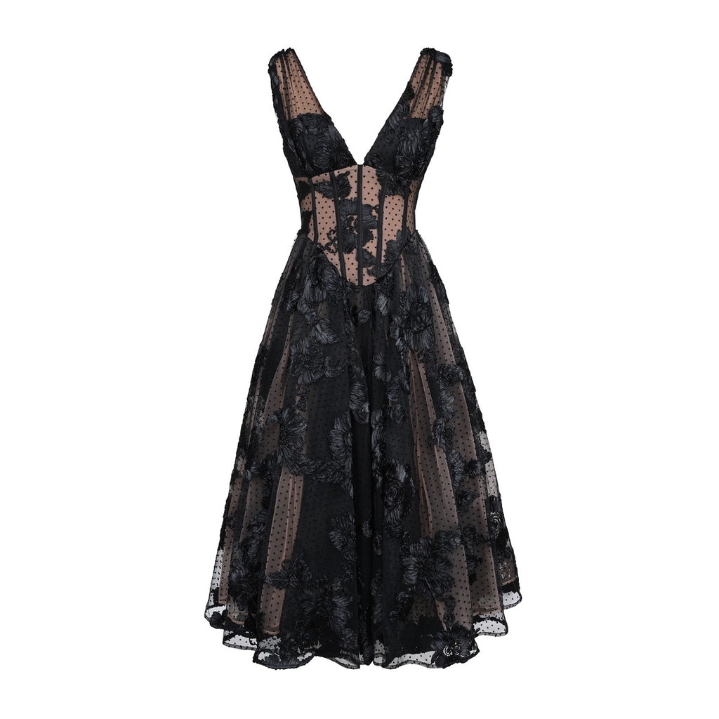 Black Deep V-neck Mesh A- Line High-end Evening Dress