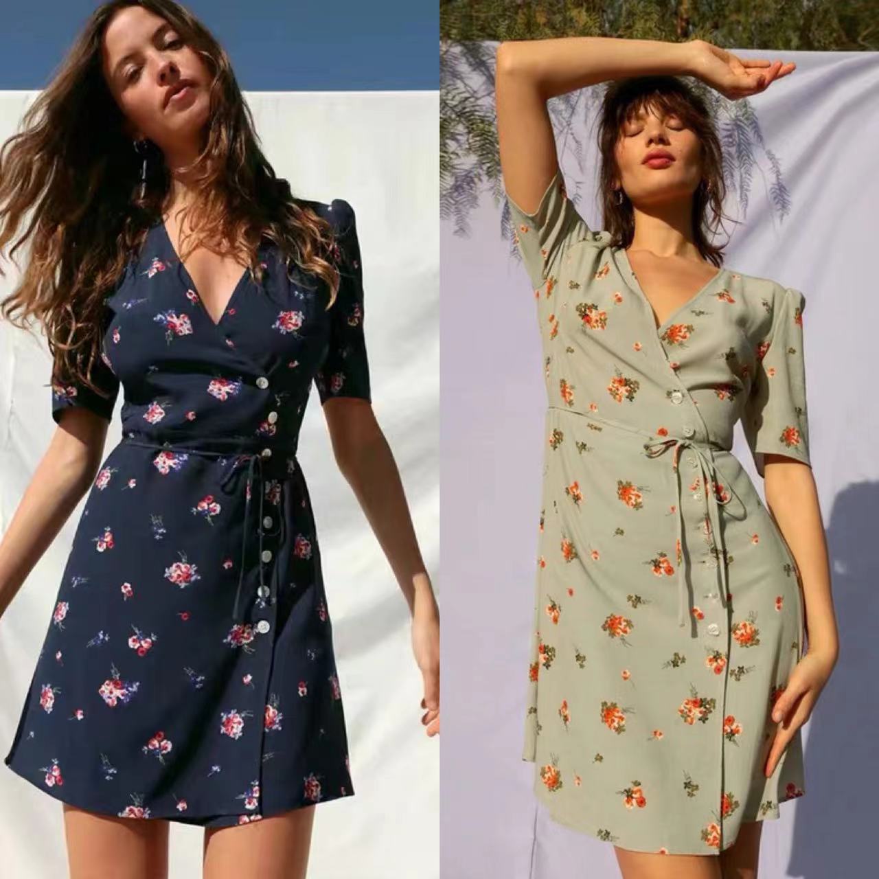 Waist-tight Floral V-neck Short Dress Women
