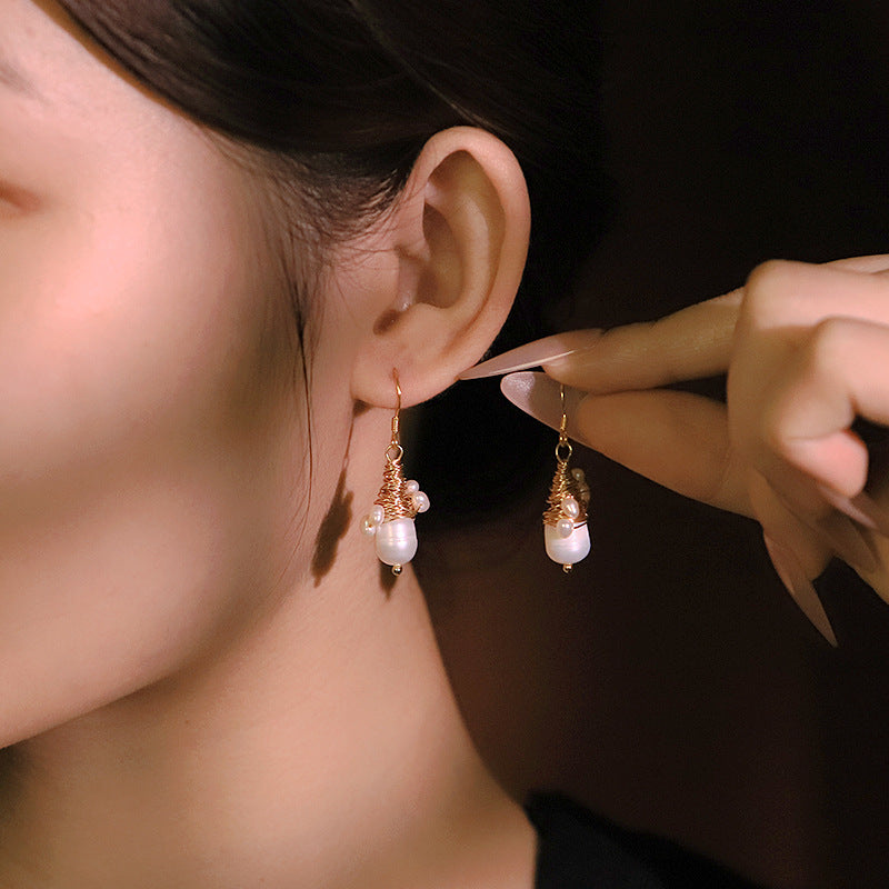 Natural Pearl Embellished Wire-wrapped Earrings Fresh And Sweet