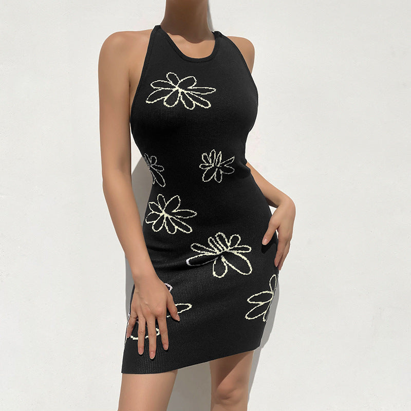 Printed Halter Slim Halter Wool Sling Dress Short Skirt Women