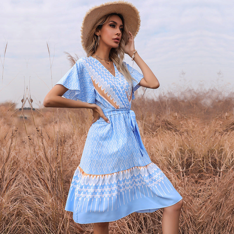 Summer New Style Printed V-Neck Short-Sleeved Lace-Up Pleated Dress Women