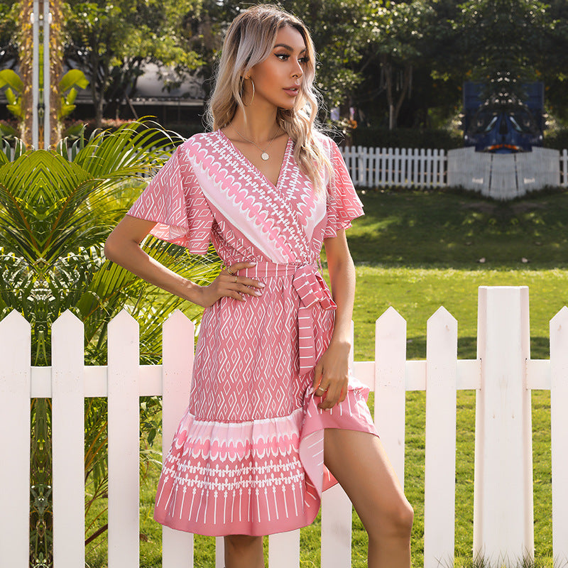 Summer New Style Printed V-Neck Short-Sleeved Lace-Up Pleated Dress Women