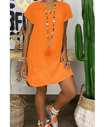Summer Loose Solid Color Short Sleeved V Neck Cotton And Linen Dress Women