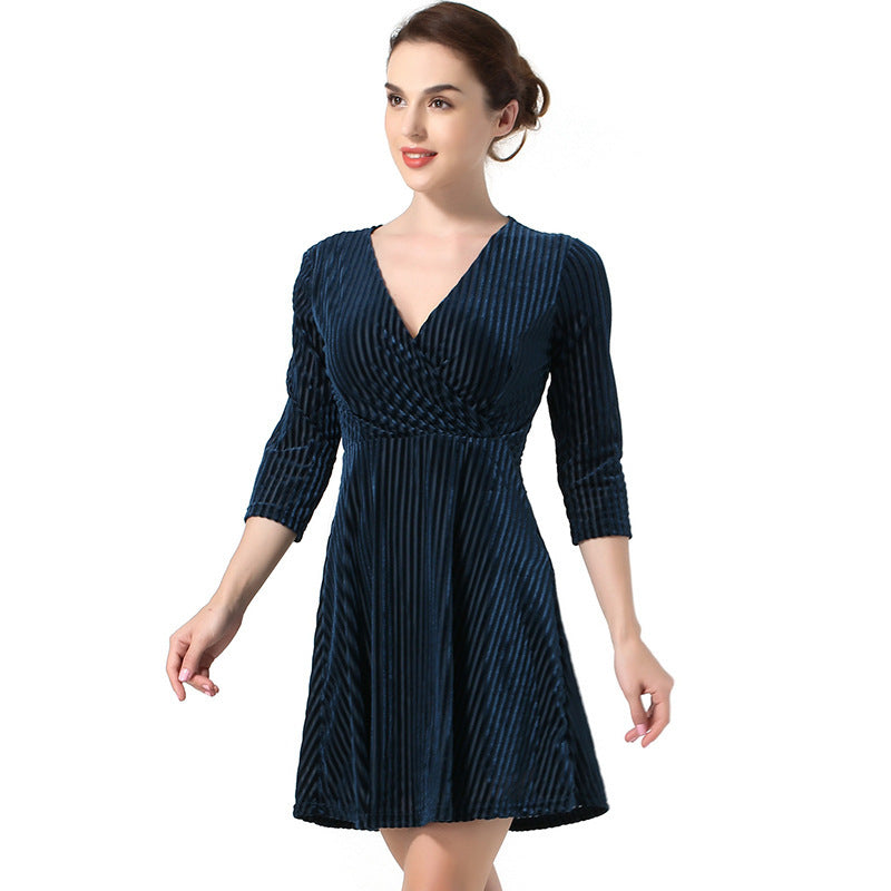 Sexy Fashion Three-Quarter Sleeves Slim Short Solid Color Velvet Dress Women