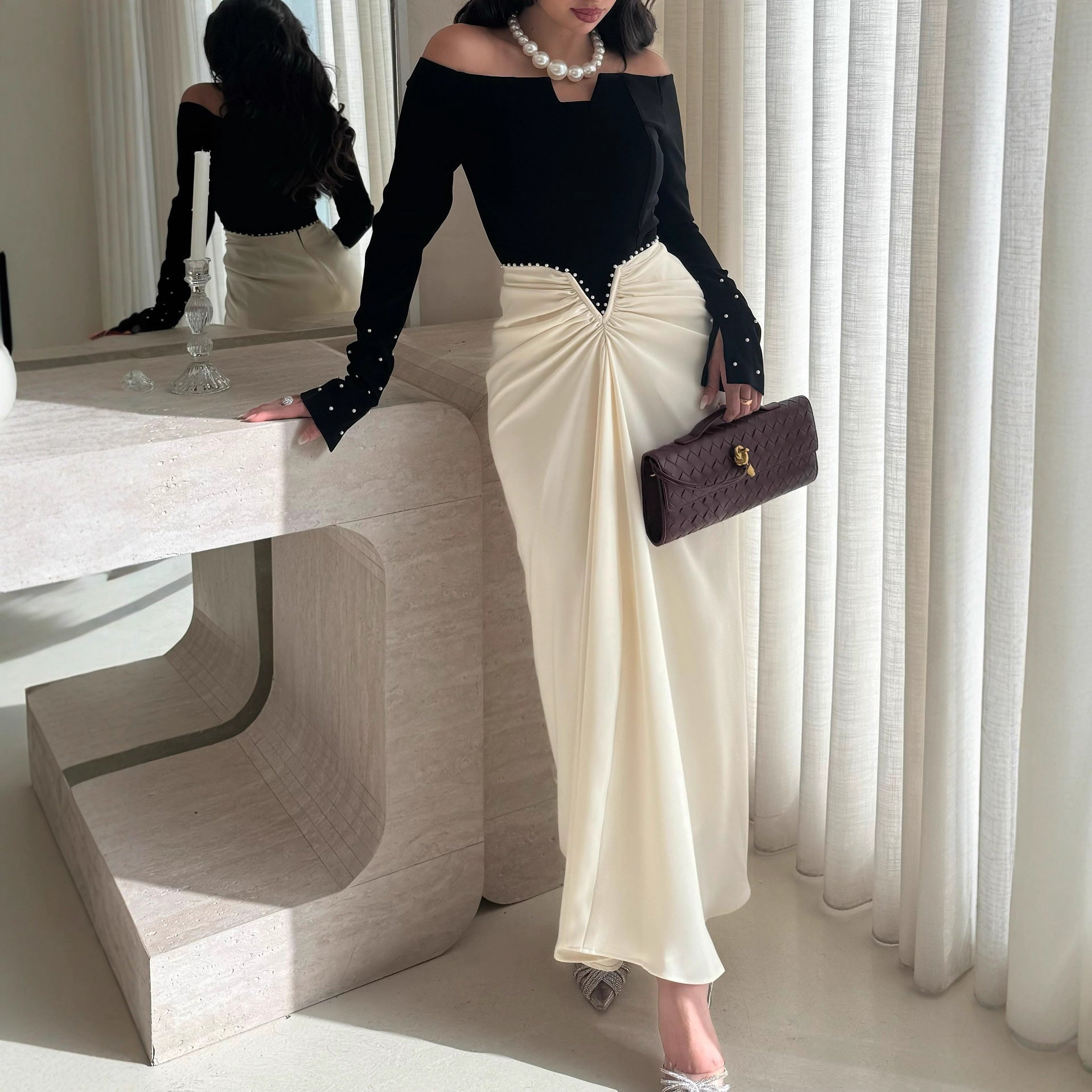 Elegant Sheath Dress With Color-blocking And Pearl Embellishments