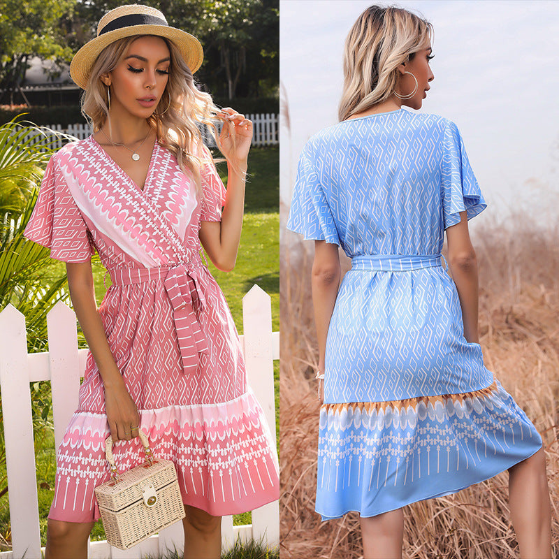 Summer New Style Printed V-Neck Short-Sleeved Lace-Up Pleated Dress Women